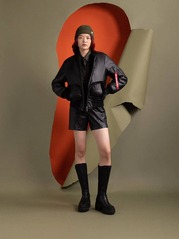 WOMEN'S REVERSIBLE FAUX LEATHER MA-1 BOMBER JACKET - Image 4